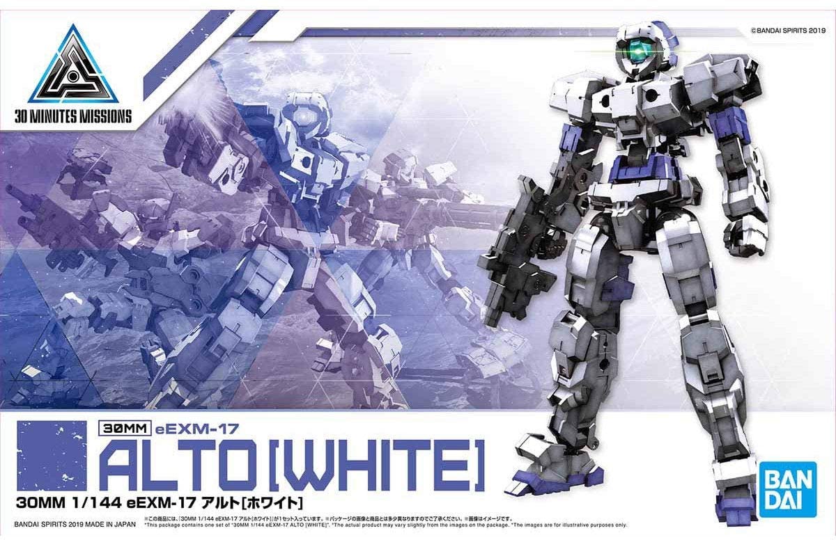 Bandai brings us a new lineup of endlessly customizable, easy-to-build mecha model kits with 30 Minutes Missions (30MM)! Representing mass-produced robots, these kits are perfect for army-building and feature a common joint system so parts can easily be switched between the different types of units. Each kit builds into a highly posable figure with armor; in addition, the armor parts are equipped with hard points to attach weapons.
The eEXM-17 Alto is presented here in White, with parts included for a we