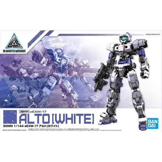 Bandai brings us a new lineup of endlessly customizable, easy-to-build mecha model kits with 30 Minutes Missions (30MM)! Representing mass-produced robots, these kits are perfect for army-building and feature a common joint system so parts can easily be switched between the different types of units. Each kit builds into a highly posable figure with armor; in addition, the armor parts are equipped with hard points to attach weapons.
The eEXM-17 Alto is presented here in White, with parts included for a we