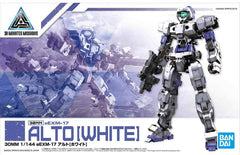 Bandai brings us a new lineup of endlessly customizable, easy-to-build mecha model kits with 30 Minutes Missions (30MM)! Representing mass-produced robots, these kits are perfect for army-building and feature a common joint system so parts can easily be switched between the different types of units. Each kit builds into a highly posable figure with armor; in addition, the armor parts are equipped with hard points to attach weapons.
The eEXM-17 Alto is presented here in White, with parts included for a we