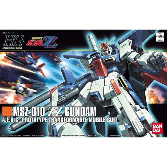 ZZ Gundam makes the move to HGUC! To preserve the outstanding detail and proportions, transforming is accomplished via interchangeable parts. The 'Double-Zeta' can be transformed between Core Fighter, Core Top, Core Base, and G Fortress modes. As part of its arsenal, the ZZ Gundam features a Double Beam Rifle, two Hyper Beam Sabers, and Missile Pods. When displaying it in G Fortress Mode, part of the frame is used as a base. This piece also holds parts which are not used when in certain modes. Foil stickers
