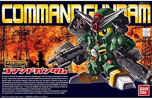 BB Command Gundam is awesome! This little fellow comes with all its extra armor and weaponry allowing him to become a one-robot army. He's got a rifle, a dagger, a handgun, missile launcher and more. He even has plated parts for his V-fin.