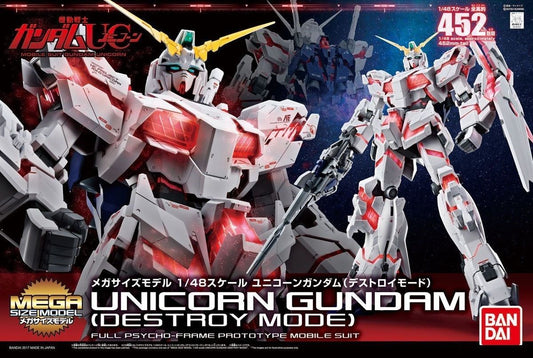 From the "Gundam Unicorn" series comes the Mega Size (1/48) Unicorn Gundam! At over 17 inches tall this version of the Unicorn was made to replicate the upcoming 1/1 life size statue of the Gundam Unicorn in Japan and is taller and less expensive than the Perfect Grade model! Clear red internal parts are utilized for the Psycho frame components and armor parts have been molded a certain way to create a shading effect at key points. Set includes beam magnum x1, shield x 1 and 2x beam sabers. Runner x24. Stic