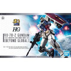 <p>To celebrate 40 years of Gunpla, Bandai brings us a kit from "Gundam 0079" of a HG RX-78-2 Gundam, Beyond Global! The articulation in this redesigned First Gundam features the ability to create incredibly natural-looking poses; both the design and the articulation labeling it as the new Beyond Global edition.</p>
<p>It included movement alike to bending, including independent articulation at the wrist joints for shield posing. Assembly Required</p>
<p><strong>Product Features:</strong></p>
<ul>
<li>HGUC