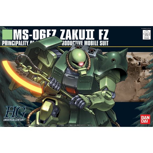 <p>Here's a sharp HGUC snap-fit plastic kit of MS-06FZ Zaku II FZ (Kai) as it appeared in the "Mobile Suit Gundam 0080: War in the Pocket" OVA series. Molded in color, this kit features polycapped joints and movable skirt armor that allow it to be set in dynamic poses.</p>
<p>An optional Zaku B-type head is also included, along with an MMP-80 90mm machine gun, three hand grenades (molded as one part), and a heat hawk. A sheet of foil stickers and a Zeon marking sticker are provided to add detail to the comp