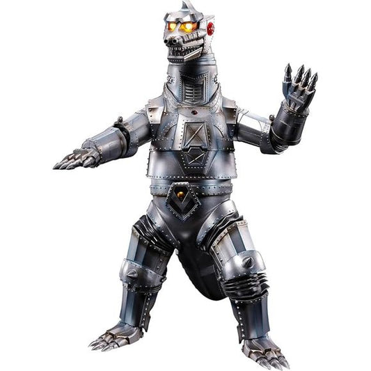 First seen in 1974's "Godzilla vs. Mechagodzilla," Mechagodzilla celebrates his 50th anniversary this year, and to mark the occasion, Bandai launches their "DX Chogokin Damashii" action figure of this iconic kaiju! Press on his dorsal fins to activate Mechagodzilla's theme song, attack sounds, and more! Mechagodzilla's various functions are reproduced with sound and light -- the Space Beam sound will be heard while both eyes light up with multi-colored light, and the Cross Attack Beam sound is played when t