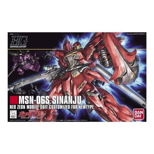An HGUC Sinanju! Bandai has created magic by bringing you the Sinanju, previously available only in a 1/100 scale Master Grade kit, as a 1/144 scale High Grade kit! This special HGUC has many of the same features which made the MG Version so special such as movable thrusters on the legs and backpack, a Grenade Launcher which attaches to the Beam Rifle or shield, and Beam Axes that can be attached to the shield. As well, Bandai has included an extra set of hands molded in fist-clenching form. The MG doesn't