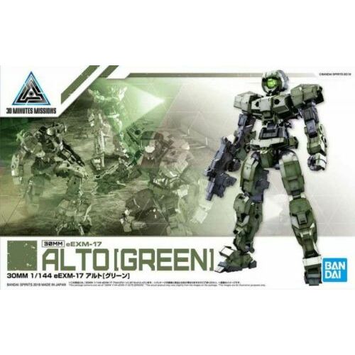 Bandai brings us a new lineup of endlessly customizable, easy-to-build mecha model kits with 30 Minutes Missions (30MM)! Representing mass-produced robots, these kits are perfect for army-building and feature a common joint system so parts can easily be switched between the different types of units. Each kit builds into a highly posable figure with armor; in addition, the armor parts are equipped with hard points to attach weapons.
The eEXM-17 Alto is presented here in Green, with parts included for a we
