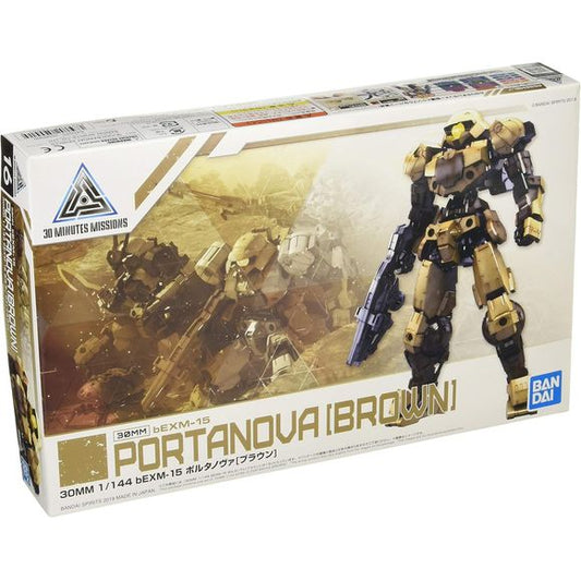 Bandai expands its new lineup of endlessly customizable, easy-to-build mecha model kits, 30 Minutes Missions (30MM)! Representing mass-produced robots, these kits are perfect for army-building and feature a common joint system so parts can easily be switched between the different types of units. Each kit builds into a highly posable figure with armor; in addition, the armor parts are equipped with hard points to attach weapons.
The eEXM-15 Portanova is presented here in brown, with parts included for a wea