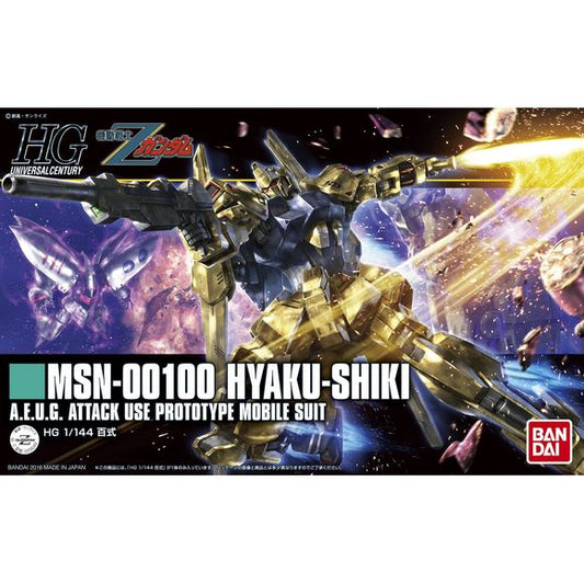 <p>HGUC kit number 200 turns out to be Mobile Suit Type 100, the Hyakushiki. This could be consdiered the Revive Hyakushiki as Bandai has engineered this new Hyakushiki using the designs from other kits in the revive series.</p>
<p>Hyakushiki comes with three different stickers for the eyes so you can choose your look as well as two Beam Sabers, a Beam Rifle, and the Clay Bazooka. All of which mount on the back of the MS when its not using them</p>
<p><strong>Product Features:</strong></p>
<ul>
<li>HGUC 1/1