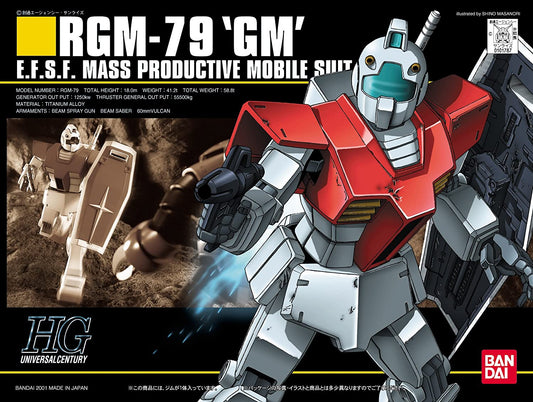 A 1/144 model of the GM from the original Mobile Suit Gundam. Comes with Beam Spray Gun, beam saber, and shield. Assembly required.