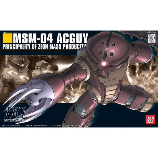 <p>Build and display <strong>HGUC Mobile Suit Gundam MSM-04 Acguy</strong> with this official Bandai Hobby <strong>HGUC 1/144 scale model kit</strong>.</p>
<p>An aquatic use mobile suit from the original Gundam series, this 1/144 version features an extra set of arm joints to recreate its extending arm gimmick. Front of "hands" can be switched between torpedo's or claws, and entire arm can be switched with a severed joint to recreate damage</p>
<p><strong>Product Features:</strong></p>
<ul>
<li>HGUC 1/144 s