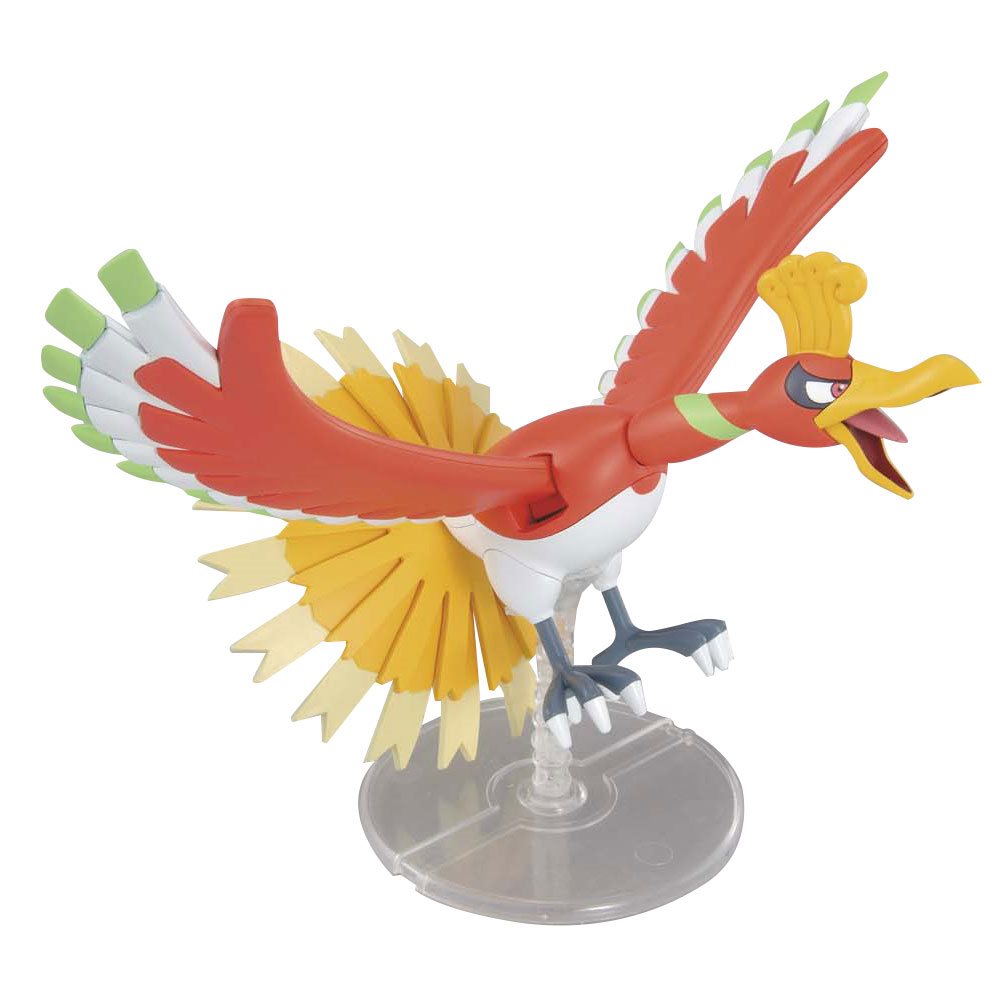 This simple snap-fit plastic kit set allows modelers to build a slightly articulated 4" (10cm) Ho-oh. All parts come molded in color and a sheet of stickers is provided for detail so no painting is required. A display base with stand is included. Includes exploded-view pictorial-type instructions, with notes in Japanese.