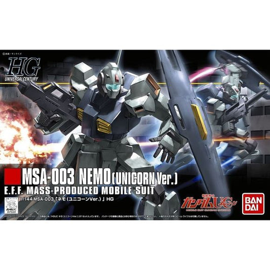 <p>Build and display <strong>HGUC Gundam MSA-003 Nemo (Unicorn Ver.)</strong> with this official Bandai Hobby <strong>HGUC 1/144 scale model kit</strong>.</p>
<p>That distinctly green Mobile Suit is back in its newest iteration that Grunt suit aficiandos will love. The Unicorn version of the Nemo features some great articulation, a Beam Rifle, two Beam Sabers, a shield and even extra sets of hands</p>
<p><strong>Product Features:</strong></p>
<ul>
<li>HGUC 1/144 scale model kit</li>
<li>Official Bandai Hobb
