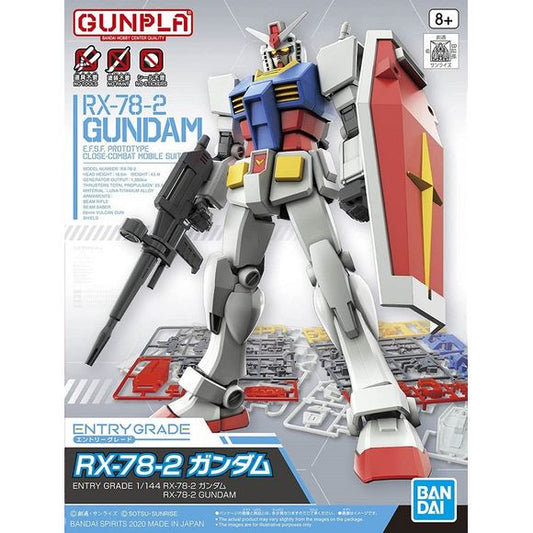 Consisting of only 74 parts the Entry Grade RX-78-2 Gundam is the ultimate introduction item for GunPla. The plastic is color molded requiring no paint, snaps together requiring no glue, uses easy twist off parts, requing no tools, and now doesn't even require stickers for tiny details! Comes with beam rifle, shield.