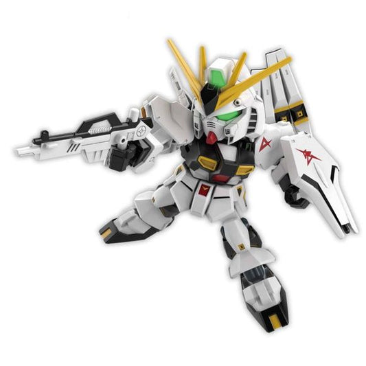 Bandai brings us a new SD EX Standard Nu Gundam! This new Ex Standard Nu kits come molded in multiple colors and feature limited articulation so you can get that perfect pose to display them! Foil marking stickers are also included to add extra colors and markings to your kit. Moreover, a new gimmick added with these EX Standard kits. The ability to borrow parts and combine them to make new weapons that can be used with 1/144 scale HG Gundam kits!