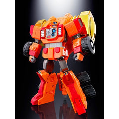 Goldymarg joins the Soul of Chogokin line with a new chrome edition! Transforms into robot, tank, Marg Hand, and Goldion Hammer modes. Attach it to the GX-68 Gaogaigar (sold separately) to re-create the dramatic final "Hammer Hell and Heaven" attack! Stands 8.2 inches (21cm) tall. Made of ABS, PVC & Die-cast.