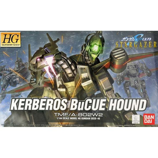 Fantastic HG kit of Kerberos BuCUE Hound, as seen in the "Gundam Seed Stargazer" Original Net Animation series mutilating Blu Duel Gundam, is basically an upgraded version of the original BuCUE with a black paint scheme and a Kerberos Wizard backpack attachment in place of the double laser cannons.