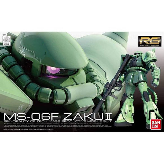 The MS-06F Zaku II Real Grade is the same great kit as the Char's Version (linked below), but green. Just like the Char's the Real Grade MS-06F Real Grade is assembled using a flexible inner frame which comes molded on a runner, and different shades of green armor. On top of that, because this is the grunt suit you choose how you want your Zaku II identified, thanks to various stickers provided on the decal sheet.