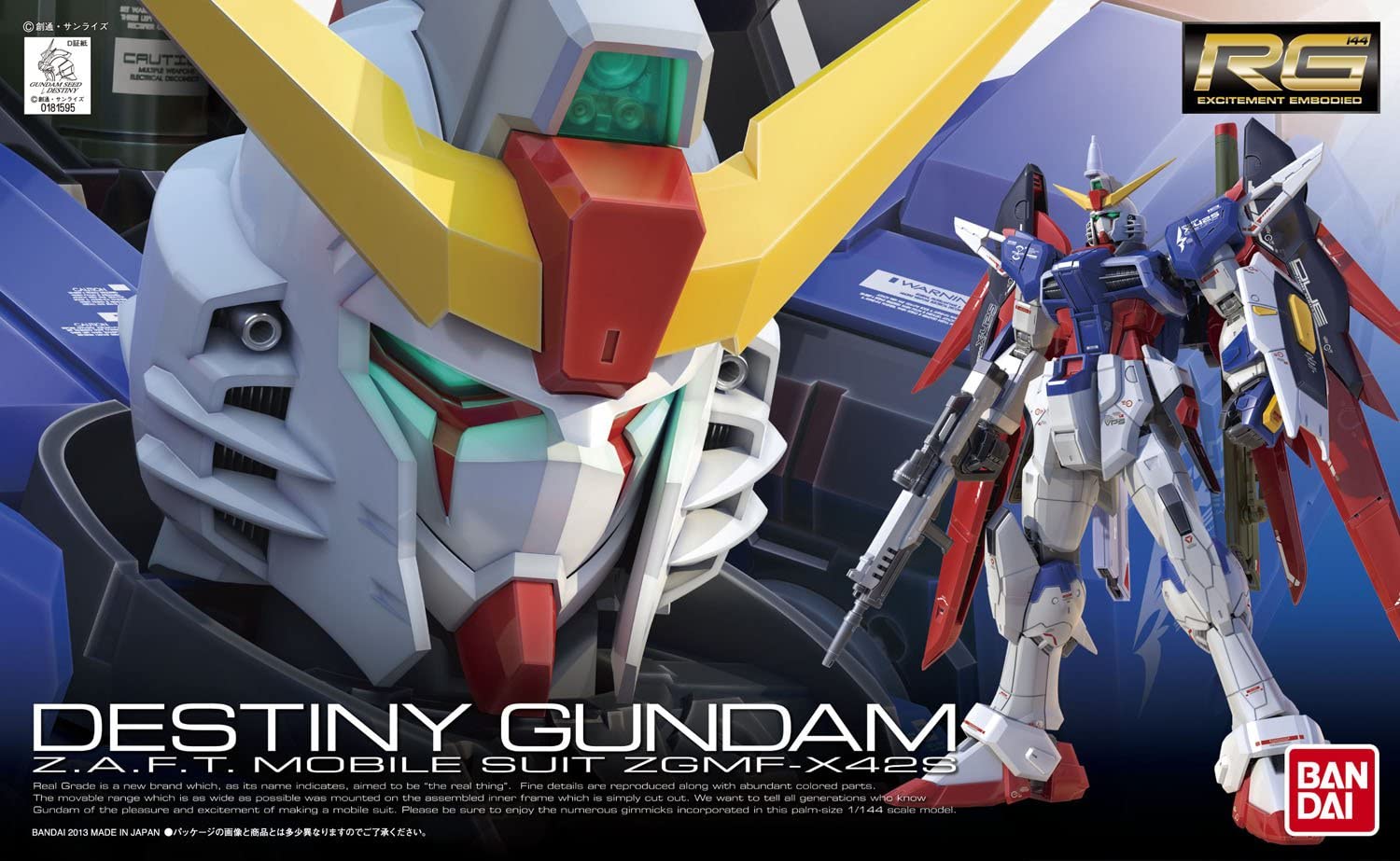 The Real Grade Destiny Gundam might be the best looking Gundam kit of them all. Comes complete with his massive weapons and enough markings to take up an evening or two! Molded in multiple colors so painting is not necessary. Assembly Required.