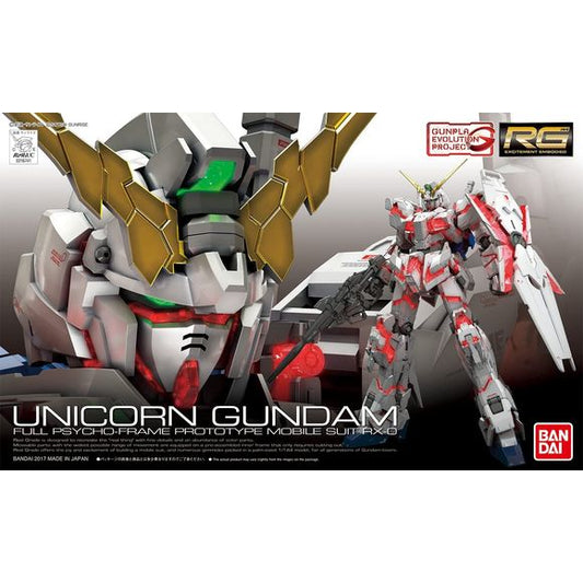 Part of the GunPla Evolution project, the Real Grade Unicorn Gundam features the next level in GunPla technology and design. From the very beginning, this version was created to be able to perform its iconic Destroy Mode transformation with stability and ease. The new Advanced MS Joint incorporates clear translucent plastic for Psyco frame along with locking and linking mechanisms to ensure the smoothest transformation possible. Set includes beam magnum x1, shield x 1, 2x beam sabers, and Hyper Bazooka x 1