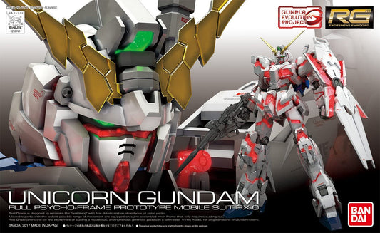 Part of the GunPla Evolution project, the Real Grade Unicorn Gundam features the next level in GunPla technology and design. From the very beginning, this version was created to be able to perform its iconic Destroy Mode transformation with stability and ease. The new Advanced MS Joint incorporates clear translucent plastic for Psyco frame along with locking and linking mechanisms to ensure the smoothest transformation possible. Set includes beam magnum x1, shield x 1, 2x beam sabers, and Hyper Bazooka x 1