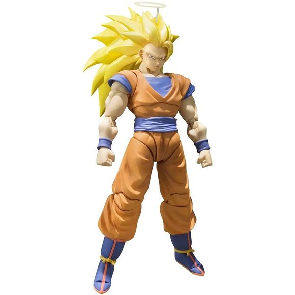 Five years after being offered as a web exclusive, Super Saiyan 3 Son Goku joins S.H.Figurarts with an all new sculpt and tons of new features! It looks great when displayed with the Tamashii EFFECT Energy Aura Yellow Ver. (sold separately). The highly posable 155mm figure includes five pairs of optional hands, three optional expressions, and a custom stand. 6.10 inches (15.5cm) tall.