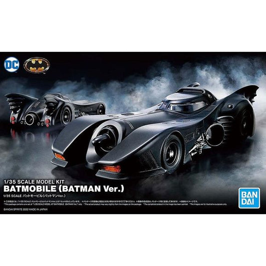 The Batmobile as seen in 1989's Batman movie is now available in model-kit form from Bandai! This 1/35-scale kit offers accurate reproduction with precision carved parts; the exterior is now made of a matte material to express the profound texture of the vehicle, and the roof part can slide open and closed. The cockpit interior and mechanical details are precisely reproduced, and the turbine engine is also molded in incredible detail. The machine guns and rocket anchors can be deployed and stored by parts r