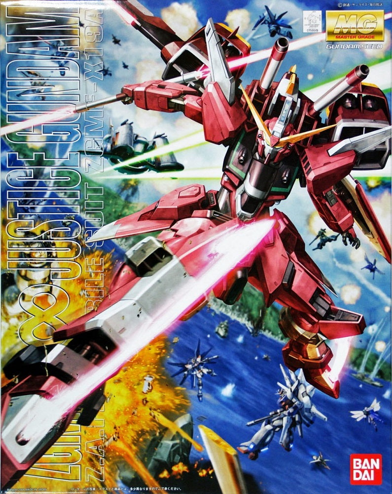 Included are a beam rifle that can be mounted on its back skirt armor, two "Super Lacerta" Beam Sabers that can combine to form a double-bladed beam weapon, and a left arm-mounted shield that stores a detachable "Shining Edge" Beam Boomerang and Grapple Stinger (a bendable wire is provided to display it in mid-deployment). Beam effect parts for the Beam Sabers, "Griffon" Beam Blades connecting the knees and feet, Beam Boomerang, and shield are provided as well. Accompanying Infinite Justice Gundam is the Ph