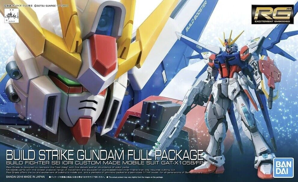 Sei Iori's FP Build Strike Gundam Full Package gets a Real Grade release from Bandai, complete with a variety of weapons--the Build Booster, beam rifle, beam gun (combinable with the beam rifle), two beam sabers, and shield. It also comes with extra hands to hold the weapons.