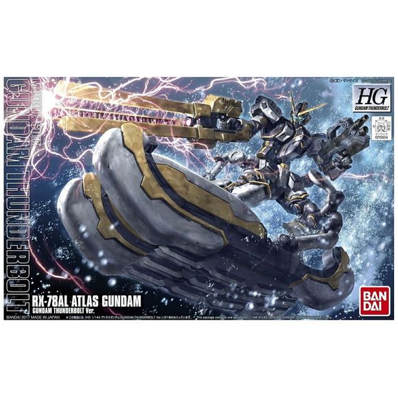 Bandai's 1/144 High Grade kit of the Atlas Gundam presents it as it was seen in "Mobile Suit Gundam Thunderbolt"! Piloted by Io Fleming, this amphibious Gundam is equipped with two beam sabers (including a blade), a railgun, a blade shield, an assault rifle, and two sub legs!
