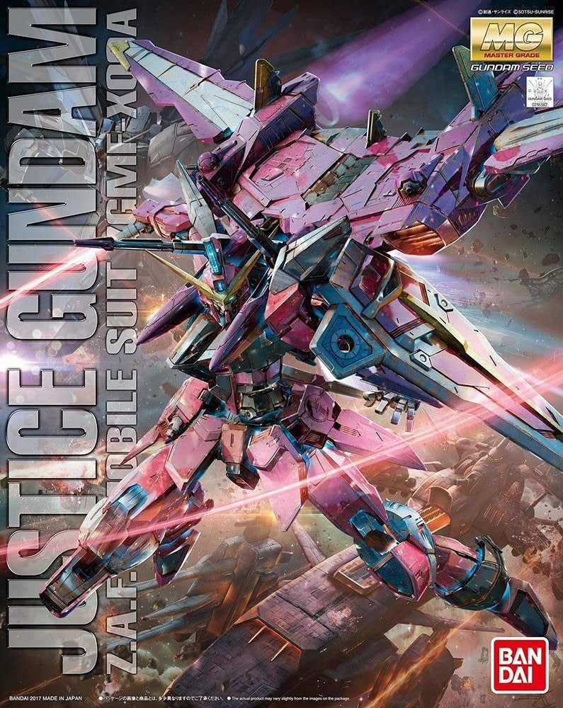 The Justice Gundam from "Gundam Seed" joins the Master Grade kit lineup from Bandai! The Fatum-00's beam cannon base can be displayed in flight form without any parts swapping, and the Fatum-00 can also be ridden by the Justice Gundam and displayed in flight! The Justice Gundam is armed with one Lupus beam rifle, two Lacerta beam sabers, one Bassel beam boomerang, and the laminated anti-beam shield. The cockpit opens and closes, and a pilot figure is included; it also comes with stickers and dry-transfer