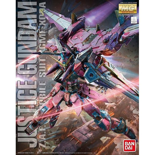 The Justice Gundam from "Gundam Seed" joins the Master Grade kit lineup from Bandai! The Fatum-00's beam cannon base can be displayed in flight form without any parts swapping, and the Fatum-00 can also be ridden by the Justice Gundam and displayed in flight! The Justice Gundam is armed with one Lupus beam rifle, two Lacerta beam sabers, one Bassel beam boomerang, and the laminated anti-beam shield. The cockpit opens and closes, and a pilot figure is included; it also comes with stickers and dry-transfer
