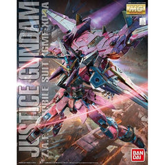 The Justice Gundam from "Gundam Seed" joins the Master Grade kit lineup from Bandai! The Fatum-00's beam cannon base can be displayed in flight form without any parts swapping, and the Fatum-00 can also be ridden by the Justice Gundam and displayed in flight!  The Justice Gundam is armed with one Lupus beam rifle, two Lacerta beam sabers, one Bassel beam boomerang, and the laminated anti-beam shield.  The cockpit opens and closes, and a pilot figure is included; it also comes with stickers and dry-transfer