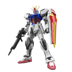 The Strike Gundam is now part of Bandai's Entry Grade model-kit lineup! Its bold and excellent parts division and color-coding makes it easy to assemble, with just 79 parts and no need for paint or stickers. The runner placement is easy to understand, and the parts can be removed by hand -- nippers are not necessary! It easily supports bold action poses with its large range of movement; a beam rifle and shield are included in its equipment. Requires no glue, tools, or paint for assembly.