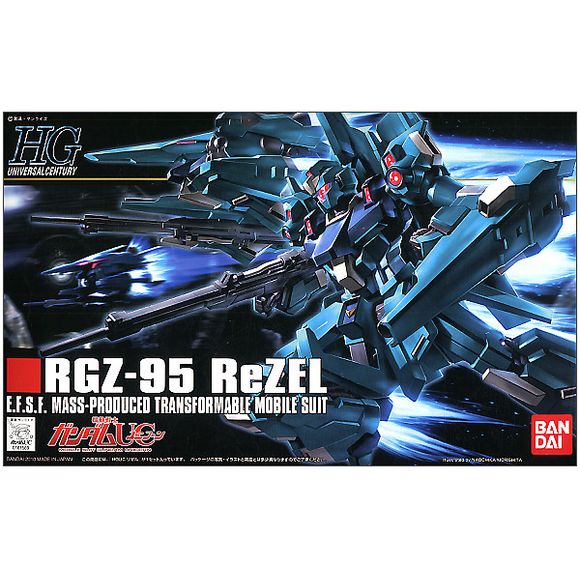 The transformable mass-production ReZEL from "Gundam Unicorn" is now offered as part of the HGUC line. The ReZEL is capable of switching between its Mobile Suit mode and Wave Rider mode. The RGZ-95 is loaded with armament and they are all included here such as its Beam Rifle, Beam Saber, built in 60mm Vulcans and Grenade Launcher, and Beam Cannon which it also uses as a shield. Plenty of poly-caps are used ensuring great articulation and easy transformation between modes.