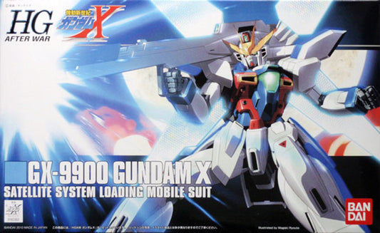 A 1/144 model kit of the titular mobile suit from "After War Gundam X," features deployable satellite cannon with molded reflector details and holographic stickers. Includes beam rifle that can also serve as shield and beam saber.