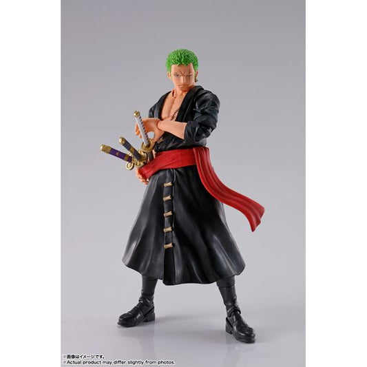 Roronoa Zoro, as seen in The Raid on Onigashima arc of the ONE PIECE animated series, rejoins S.H.Figuarts with an all new sculpt! Superb articulation and flexible parts make for dynamic posability. Also includes an optional expression for the Monkey D. Luffy - The Raid on Onigashima - S.H.Figuarts toy (sold separately). [Set Contents]Main Body, Three optional expression parts (normal head), Optional head (with tenugui bandana), Two pairs of optional hands, Optional upper arm parts, Sword set (for waist), T