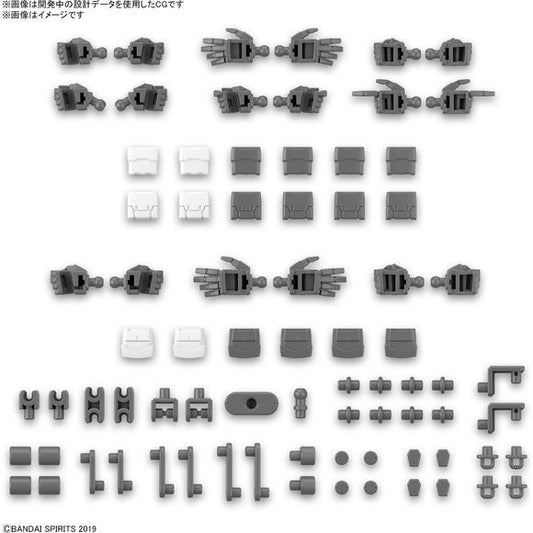 A set of hand parts and multi-joints that expands the range of customization is now available in the 30MM option parts set!
A wide variety of parts are included, such as open hands, gripped hands, pointing poses, and multiple patterns of weapon handles.

- The size of the hand parts is 1.1 times larger than the previous model, S size, and 1.2 times larger than the M size.
- Comes with 3 types of glove parts.
Available in two colors, gray and white.
-Comes with a runner set with multi-joints essential for cu