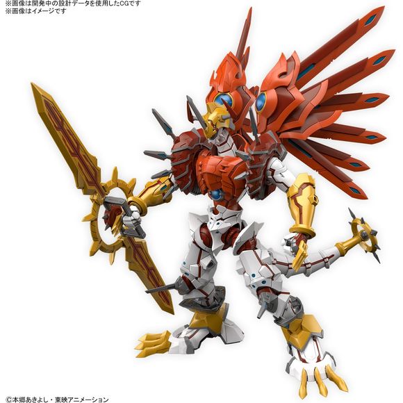 From "Digimon Savers ", the light dragon type Digimon "Shine Greymon" joins the Amplified series!
- Jewel seals and PET seals are used for the giant sword "Geo Gray Sword" to achieve a glossy texture and detailed expression.
Equipped with a plastic model original gimmick, it can be transformed into a twin sword mode by replacing parts.
- By using joint parts, the Geo Gray Sword can be mounted on both legs in twin sword mode.
- The pull-out structure of the shoulder joint expands the range of movement, repro