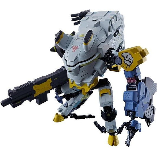 The Daisy Ogre, the mecha piloted by the main character in "Synduality Noir," joins the "Chogokin" action-figure lineup from Bandai! Die-casting is used around the frame to give the fully posable figure a sense of stability and weight; a light-emitting gimmick is included for the eye sensor and cockpit interior. The arm behind its heel can be displayed open or in parallel mode; the chainsaw on the left arm can be displayed in deployed mode by replacing the chain. Two chains are included: a rigid ABS version