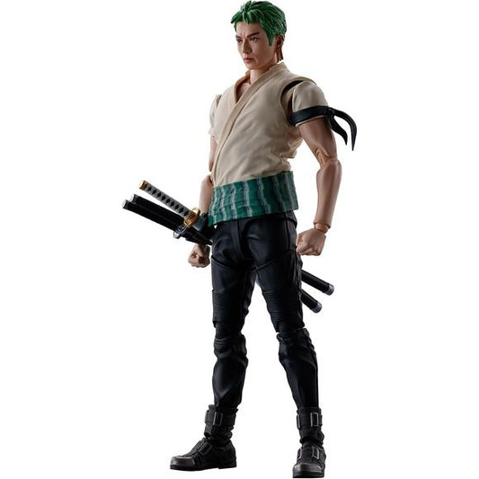 <p>From the globally streaming live action Netflix drama "A Netflix Series: ONE PIECE" Roronoa Zoro joins S.H.Figuarts!</p>
<p>Digital coloring and expressive sculpting capture the hero's appearance, while numerous options and dynamic posing let you re-create your favorite scenes. Stands approximately 5.7" tall.</p>
<p><strong>Box Contents:</strong></p>
<ul>
<li>Main Body</li>
<li>Optional head</li>
<li>Sword holster</li>
<li>Two pairs of optional hands</li>
<li>Three sword holster hilts and scabb