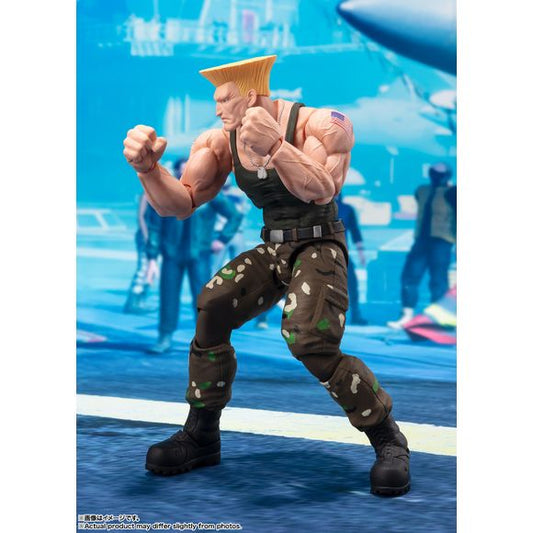<p>Guile from the "Street Fighter" game series finally joins the "S.H.Figuarts" action-figure lineup from Bandai! He wears his classic costume, seen in the early part of the series, as well as the latest game, "Street Fighter 6"!</p>
<p>His wide range of motion allows you to reproduce his special moves, and he comes with a Sonic Boom effect part, too. A background sheet with a stage from the game is included, as are two interchangeable faces.</p>
<p><strong>Product Features:</strong></p>
<ul>
<li>Based on
