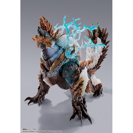 Zinogre from "Monster Hunter" joins the "S.H.MonsterArts" action-figure lineup to celebrate the game's 20th anniversary! Its characteristic actions are made possible thanks to the movable structure cultivated in the S.H.MonsterArts series; a new electric discharge effect part is included. Clear parts accurately reproduce the texture of its hair, and by replacing the claw parts on the front and hind legs, it can be displayed with two different claw shapes. The base features a special "Monster Hunter" 20th an