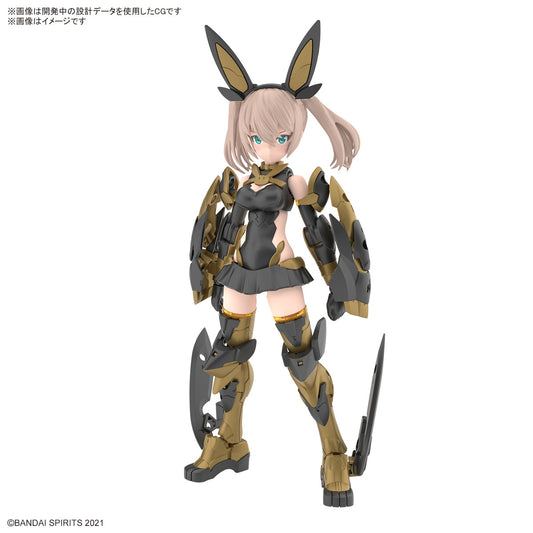 Tukirna-Diearth (Innocente Form) is the newest member of the "30 Minutes Sisters" (30MS) figure-kit lineup from Bandai! This model kit is an all-in-one item that includes a character body, three types of interchangeable faces with tampo printing, and armor parts. The runner parts are arranged in an optimal manner for smooth and easy assembly. The armament can be rearranged from its hammer-like mode to a spear mode. The small head and body are divided into upper and lower parts, allowing for super-expressive