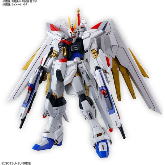 Introducing a High Grade kit of the new Mighty Strike Freedom Gundam from the movie "Mobile Suit Gundam SEED Freedom"!
Recreate iconic action poses from the movie with the specialized internal structure of the "SEED Action System." The individual hip joint connections in both legs allow for upward and downward swinging, enabling you to achieve dynamic and precise posing.
Features a Real Metallic Gloss Injection material for the gold parts, enhancing their metallic luster.
The wings have extensive individ