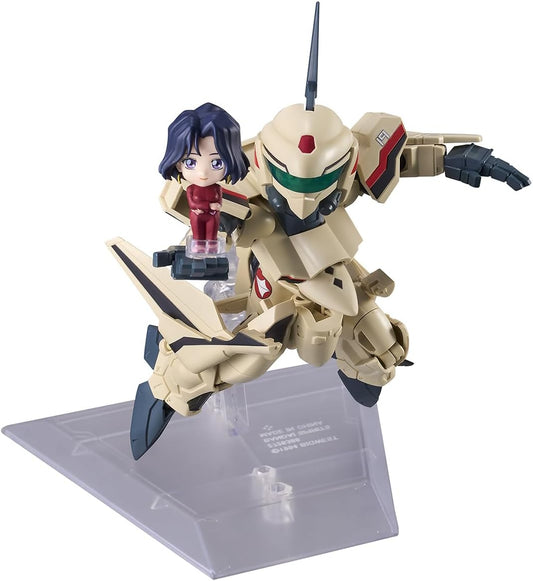 <p>Celebrate <strong>Macross Plus</strong> with the <strong>TINY SESSION YF-19 with Myung Fang Lone</strong> set from Bandai Spirits!</p>
<p>This stylized collectible set features Isamu Dyson's iconic <strong>YF-19</strong> Valkyrie alongside a miniature figure of <strong>Myung Fang Lone</strong>. Despite its compact, super-deformed design, the YF-19 retains its signature three-stage transformation and can be displayed in Fighter, GERWALK, or Battroid mode.</p>
<p>The set includes a Gunpod, interchangeabl