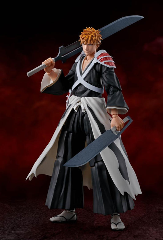 Ichigo Kurosaki from BLEACH comes back to the S.H.Figuarts series, this time with two Zangetsu in hand. The entire figure is made with a new and improved mold. Coming with an expansive selection of option parts, including effect parts for Getsuga Tensho"and Getsuga Jujisho, as well as four swords in order to display both the drawn and sheathed versions of both swords.