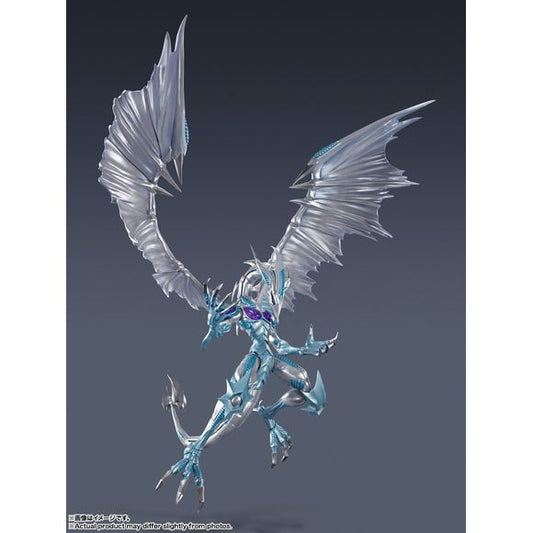 <p>Stardust Dragon from Yu-Gi-Oh! 5D's joins the S.H.MonsterArts lineup from Bandai Tamashii Nations.</p>
<p>The signature ace monster of Yusei Fudo is recreated as an articulated display figure with interchangeable parts and a Shooting Sonic effect part for recreating memorable battle scenes.</p>
<p><strong>Product Features:</strong></p>
<ul>
<li>Based on Yu-Gi-Oh! 5D's</li>
<li>Part of the S.H.MonsterArts series</li>
<li>Includes effect parts for enhanced display options</li>
</ul>
<p><strong>Box Co