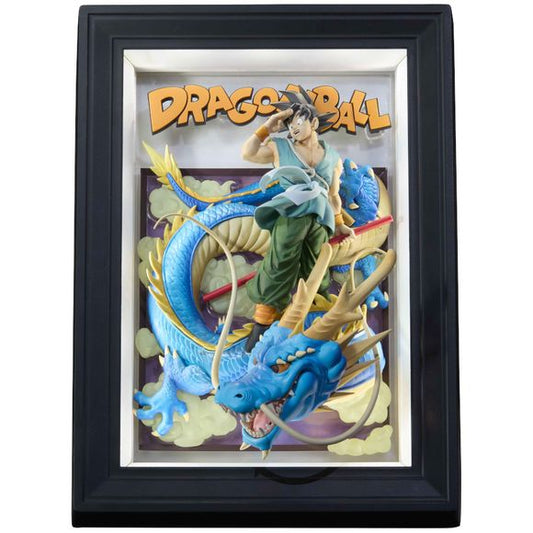 <p>Bandai Tamashii Nations launches the Tamashii Art series with a dimensional display inspired by the cover artwork from the final chapter of Dragon Ball, featuring Son Goku alongside a dramatic dragon motif.</p>
<p>Designed to be displayed on a wall, the approximately 10.8-inch-tall piece features detailed sculpting and coloring along with internal LED lighting activated by a touch sensor on the top of the frame.</p>
<p>Requires three AAA batteries (not included).</p>
<p><strong>Product Features:</strong>