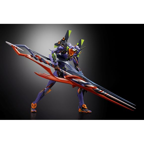 <p>Bandai celebrates the 30th anniversary of the "Evangelion" series with this awesome "Metal Build" figure of Evangelion Test Type-01 with the Spear of Gaius, with an overwhelming size of over 15 inches long, as well as a special base with the anniversary logo!</p>
<p>The newly sculpted Spear of Gaius is made with a unique shape and texture in clear parts. The special base is molded in black with the anniversary logo in holographic foil, and this special figure also comes with left and right hands to hold